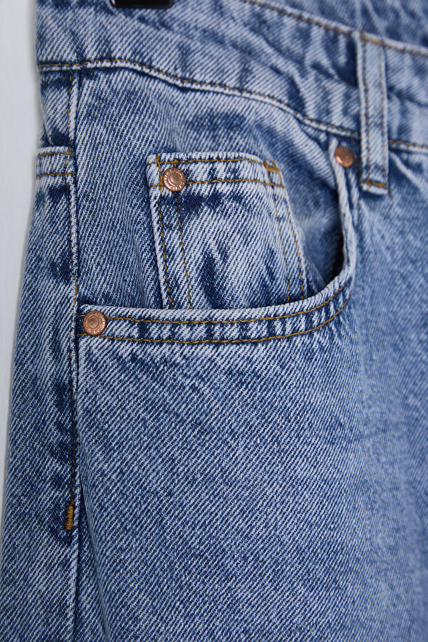 Mavi Kurdele/Fiyonk Detaylı Normal Bel Wide Leg Geniş Paça %100 Pamuk Jeans TWOSS25JE00035 - 9