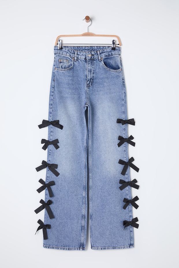 Mavi Kurdele/Fiyonk Detaylı Normal Bel Wide Leg Geniş Paça %100 Pamuk Jeans TWOSS25JE00035 - 7