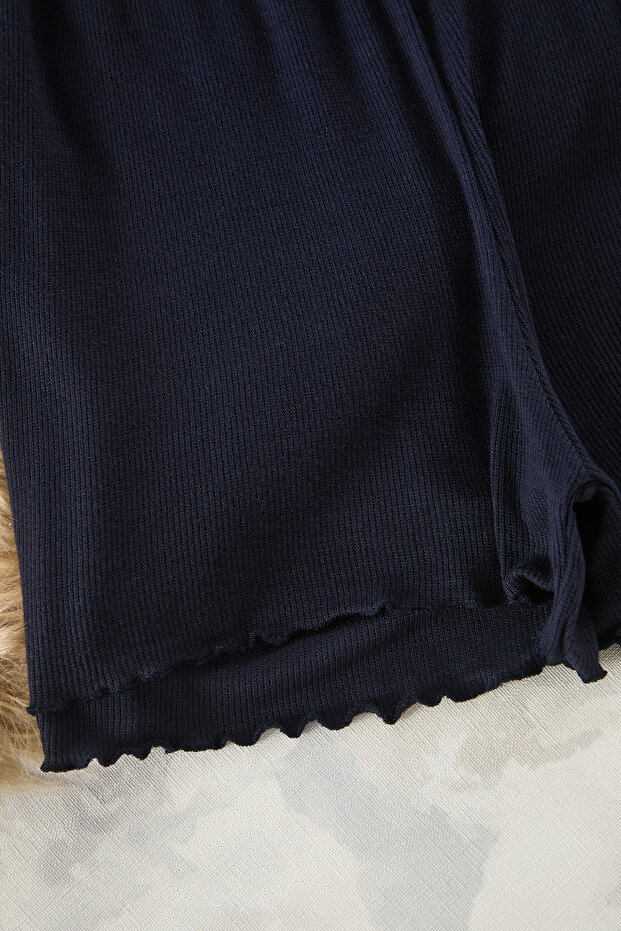 Lacivert Pamuklu Dantel Detaylı İp Askılı Fitilli Şortlu Örme Pijama Takımı THMSS25PT00078 - 7