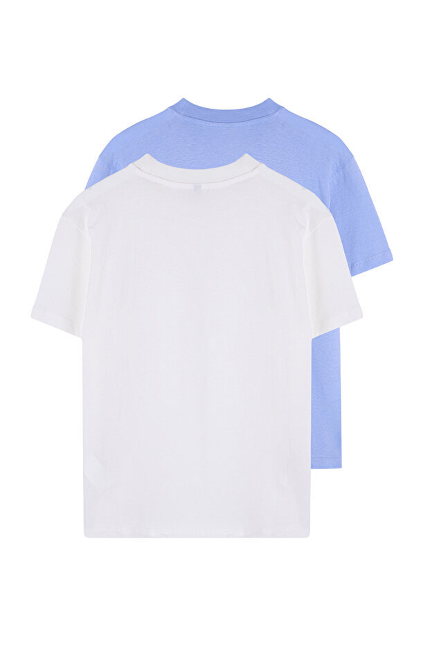 Ekru-Mavi 2'li Paket %100 Pamuk Basic Dik Yaka Örme T-Shirt TWOSS20TS1500 - 8