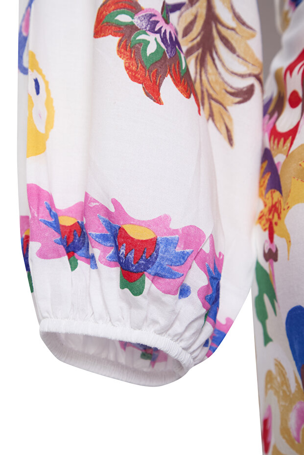 Çok Renkli Çiçek Desenli Kuşaklı Mini Dokuma Balon Kollu %100 Pamuklu Kimono&Kaftan TBBSS25DE00001 - 7