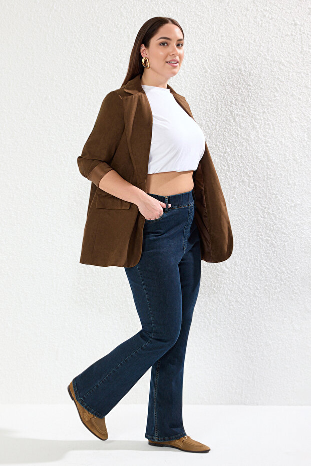 Koyu Mavi Beli Lastikli İspanyol Paça Comfort/Orta Esnek Flare Fit Büyük Beden Jeans TBBAW25CJ00031 - 2
