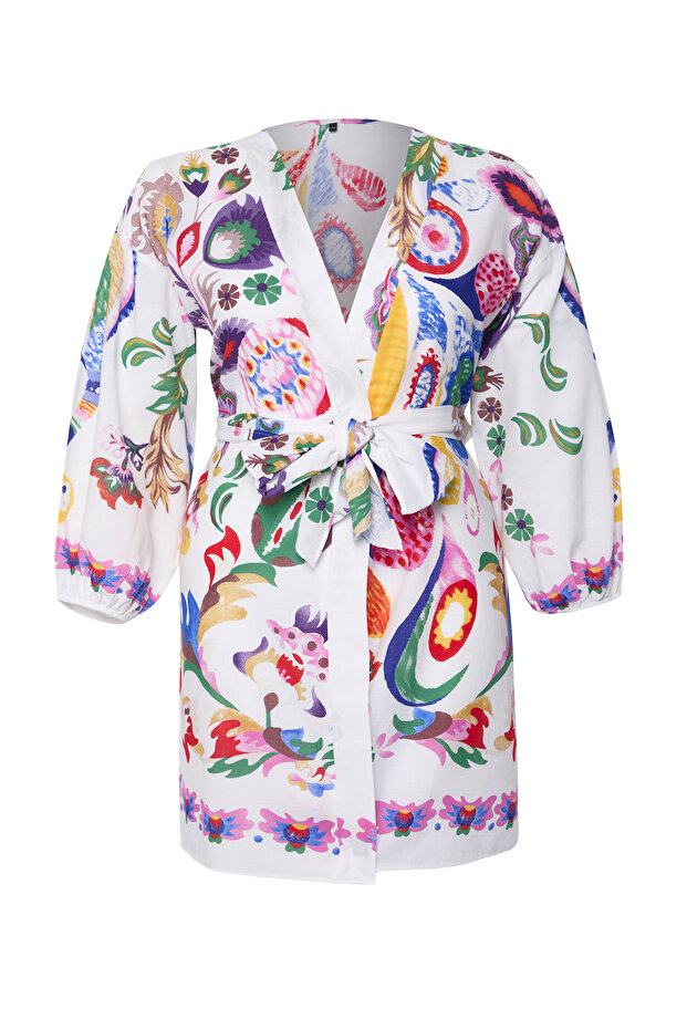 Çok Renkli Çiçek Desenli Kuşaklı Mini Dokuma Balon Kollu %100 Pamuklu Kimono&Kaftan TBBSS25DE00001 - 6