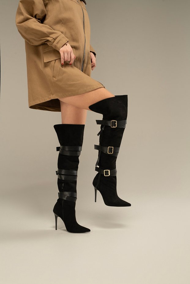 Roman Buckle Detailed Above Knee Black Suede Black Suede 10 cm Women's Boots, Heeled Boots