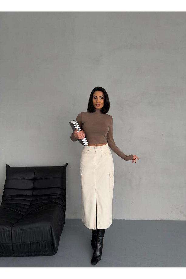 KARGO CEPLİ ÖN YIRTMAÇLI BEJ DENIM ETEK - 1