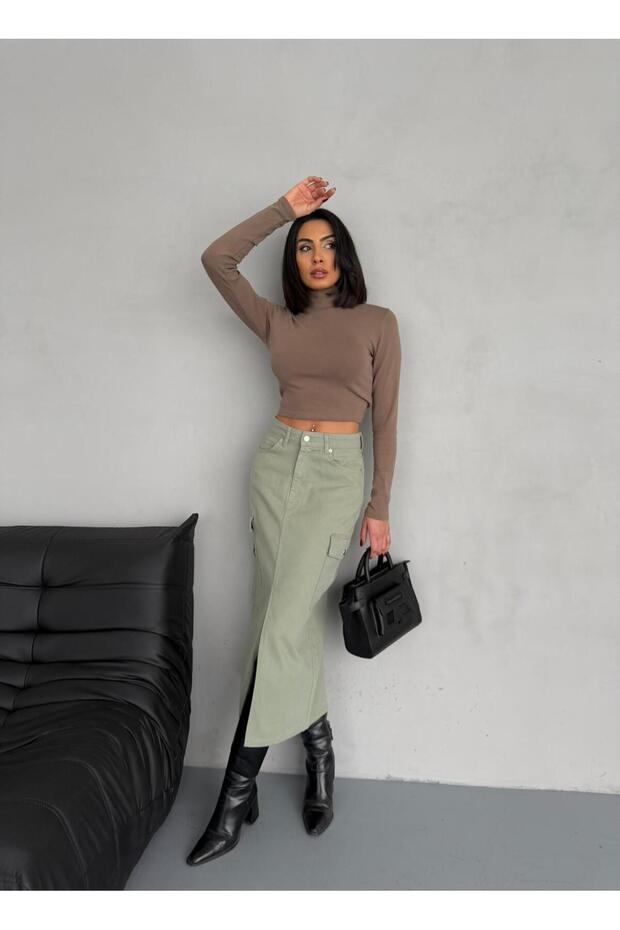 KARGO CEPLİ ÖN YIRTMAÇLI GREEN DENIM ETEK - 4