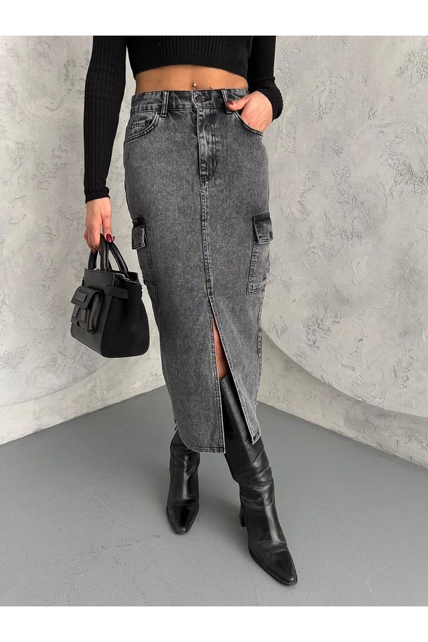 KARGO CEPLİ ÖN YIRTMAÇLI YIKAMALI DENIM ETEK - 9