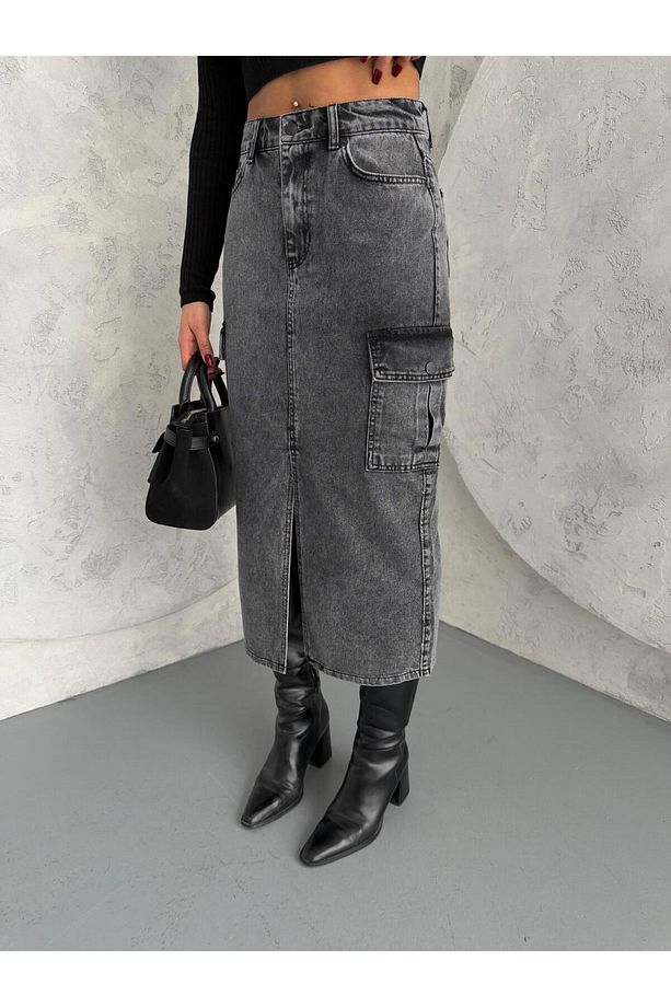 KARGO CEPLİ ÖN YIRTMAÇLI YIKAMALI DENIM ETEK - 7