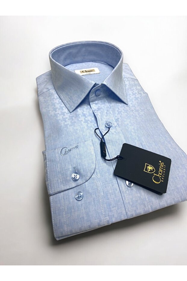 Slimfit Light Blue Jacquard Classic Lapel Shirt