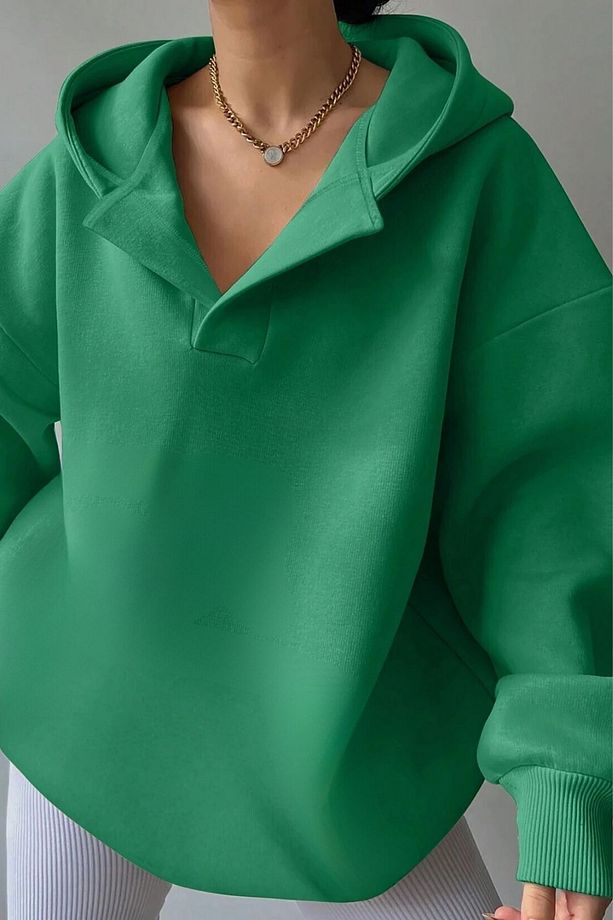 Unisex V-Yaka Kapüşonlu Basic Oversize Swetshirt - 3