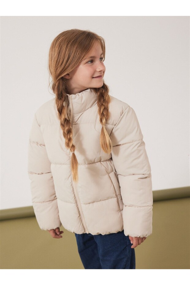 Stand Collar Cream Girl's Puffer Jacket13228727