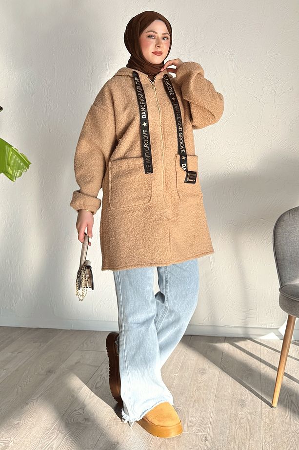 Kapüşonlu Buklet Kaşe Camel Kap - 4
