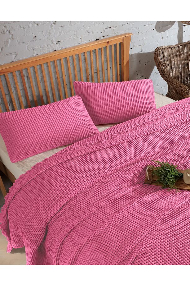 %100 Pamuk Waffle Tek Kişilik Yatak Örtüsü 160x240cm/1 Adet 50x70cm Yastık - 2