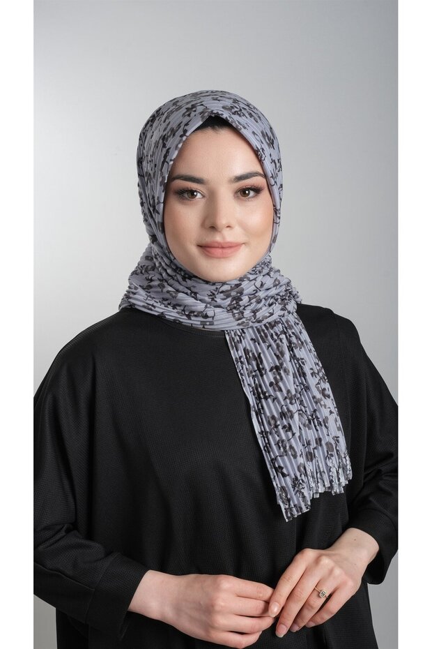 Gray Practical Ready-made Interlocking Hijab Scarf Staple Fiber Pleated Flower Patterned 1818d7_15