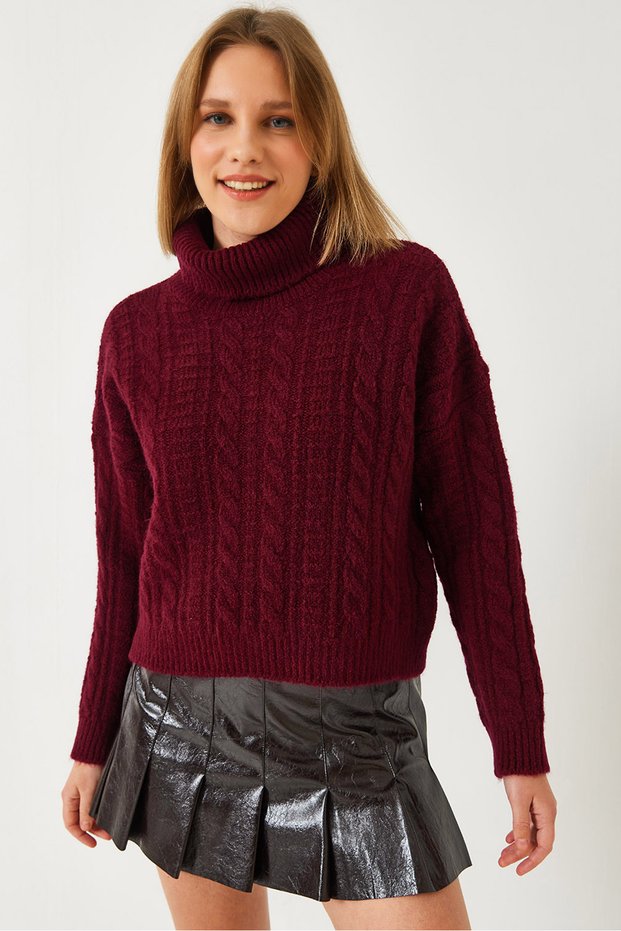 Women's Burgundy Turtleneck Patterned Knitwear Sweater 20246940