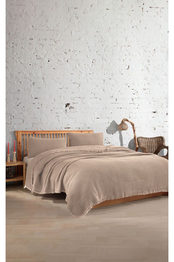 %100 Pamuk Waffle Tek Kişilik Yatak Örtüsü 160x240cm/1 Adet 50x70cm Yastık - 1