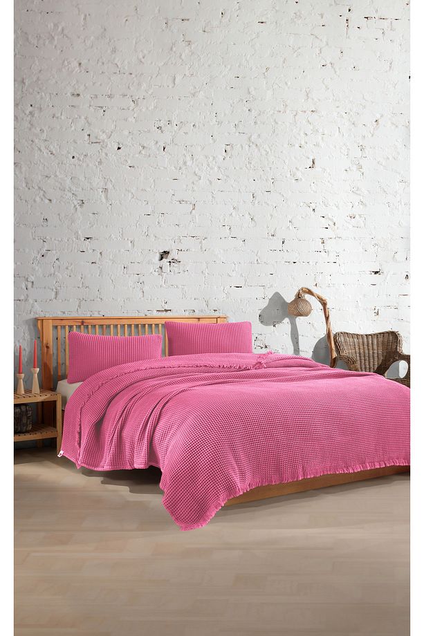 %100 Pamuk Waffle Tek Kişilik Yatak Örtüsü 160x240cm/1 Adet 50x70cm Yastık - 1