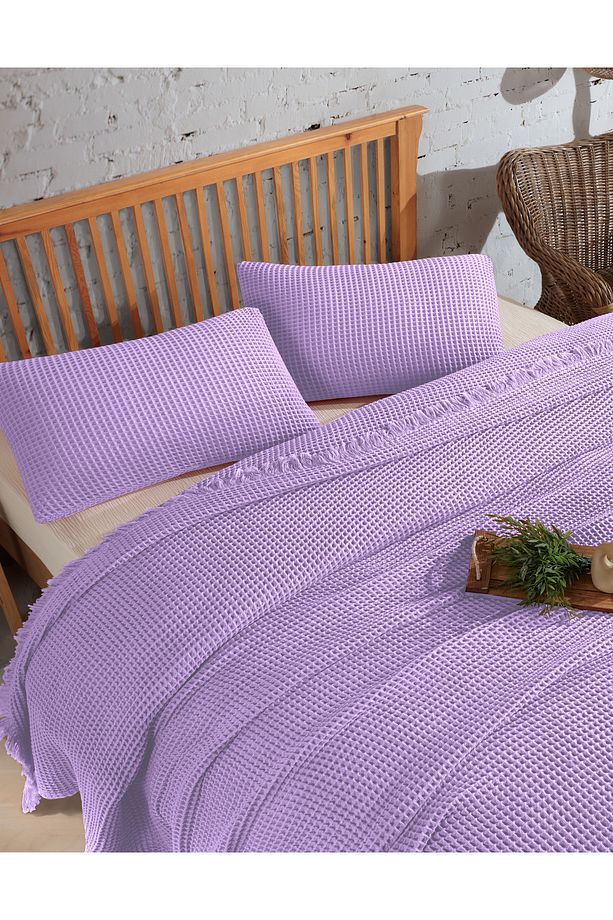 %100 Pamuk Tek Kişilik 160x240cm Waffle Yatak Örtüsü/1 Adet 50x70cm Yastık - 2