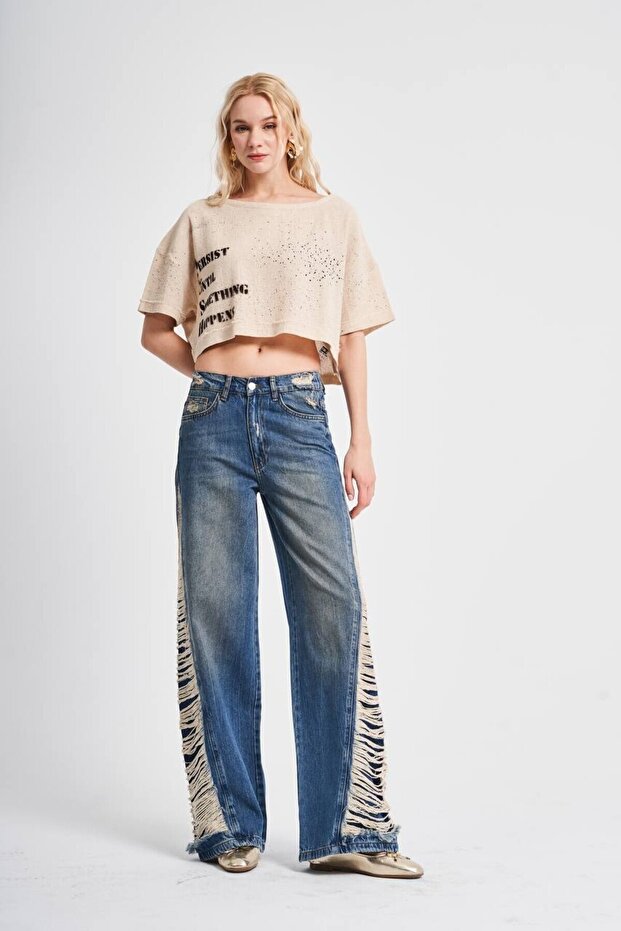 Poderane detaljne široke farmerke - 2