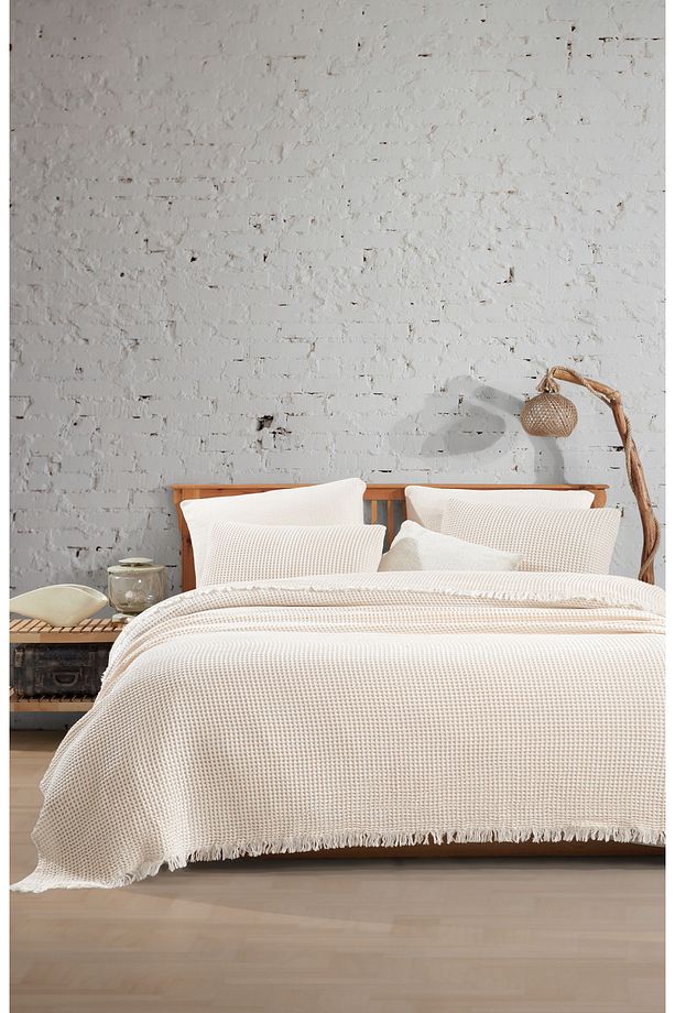 %100 Pamuk Tek Kişilik 160x240cm Waffle Yatak Örtüsü/1 Adet 50x70cm Yastık - 1
