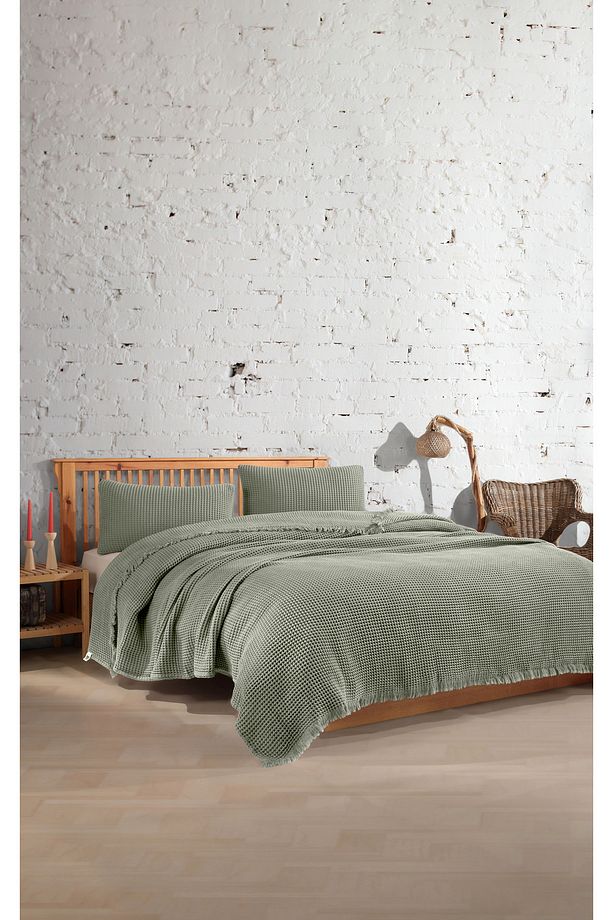 %100 Pamuk Tek Kişilik 160x240cm Waffle Yatak Örtüsü/1 Adet 50x70cm Yastık - 1