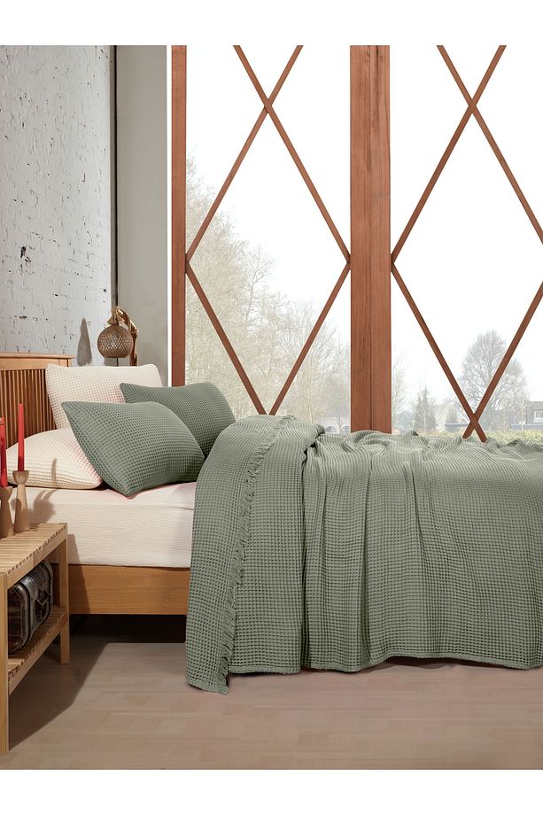 %100 Pamuk Tek Kişilik 160x240cm Waffle Yatak Örtüsü/1 Adet 50x70cm Yastık - 4