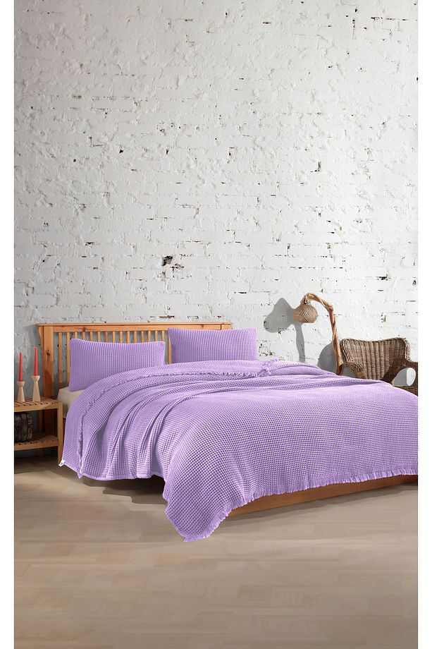 %100 Pamuk Tek Kişilik 160x240cm Waffle Yatak Örtüsü/1 Adet 50x70cm Yastık - 1