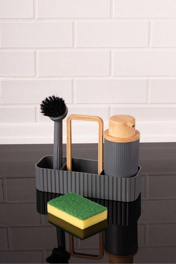 Bambu Desenli Fırçalı ve Sünger Hazneli Sıvı Sabunluk, Standlı Mutfak Banyo Deterjanlığı, Gri - 2