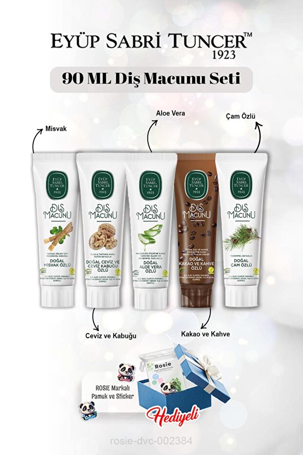 90 ml Toothpaste Set with Aloe Vera, Miswak, Walnut and Peel, Cocoa, Pine Extract and Rosie