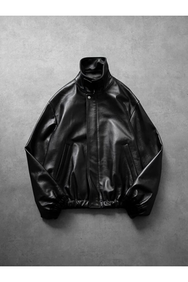 Vintage Bomber Oversize Deri Ceket - 1
