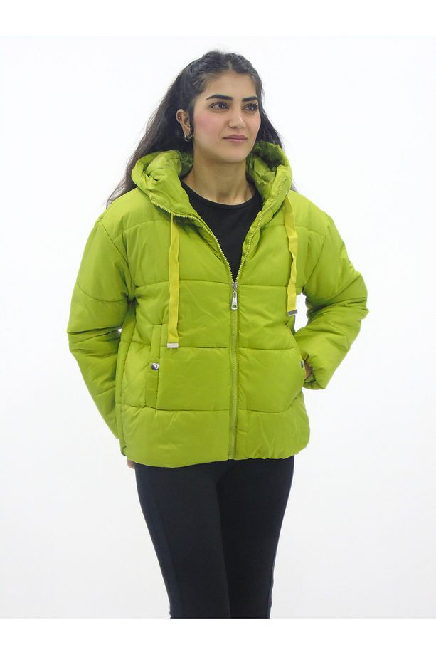 Kapüşonlu Düz Renk Şişme Mont - 1