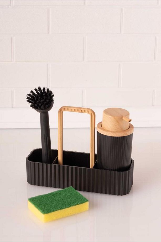 Bambu Desenli Fırçalı ve Sünger Hazneli Sıvı Sabunluk, Standlı Mutfak Banyo Deterjanlığı, Siyah - 3