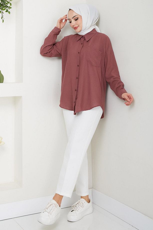 Tek Cepli Uzun Kol Oversize Keten Gömlek Gül Kurusu HM2651 - 4