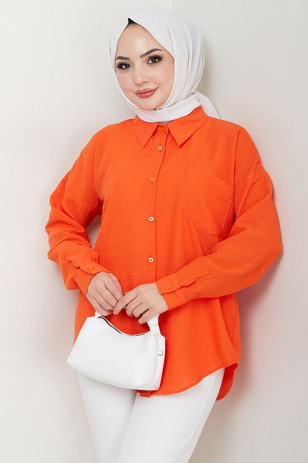 Tek Cepli Uzun Kol Oversize Keten Gömlek Mercan HM2651 - 6