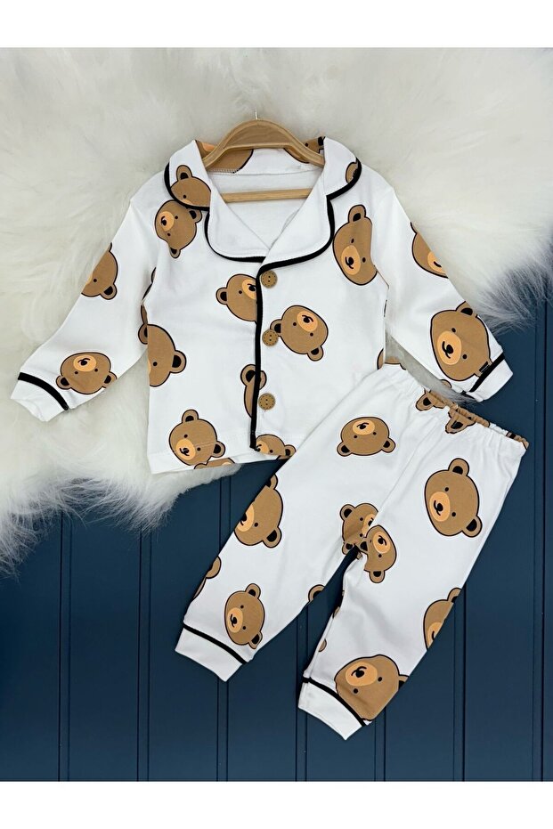 100% Cotton Double Breasted Lapel Front Buttoned Teddy Bear Seasonal Baby Pajamas Set (Moon)
