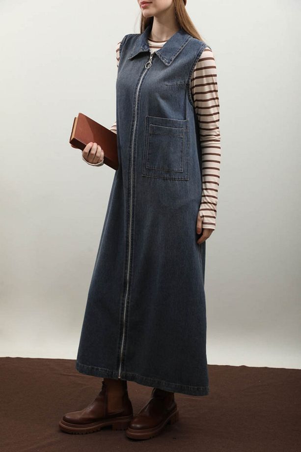 Fermuarlı Denim Jile Koyu Mavi - 4