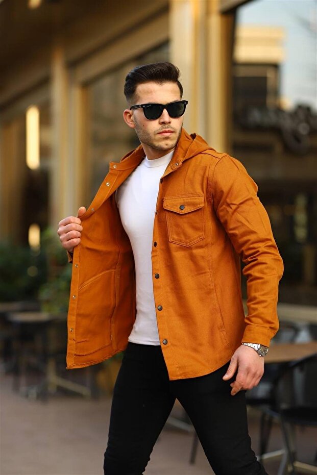 Hardal Renk Kapüşonlu Kot Ceket - 1