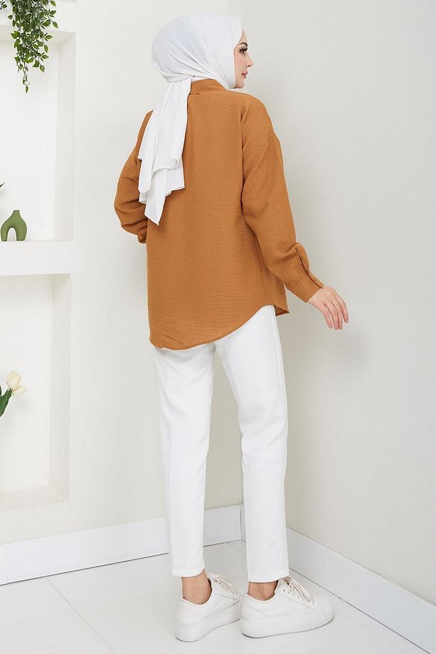 Tek Cepli Uzun Kol Oversize Keten Gömlek Taba HM2651 - 4