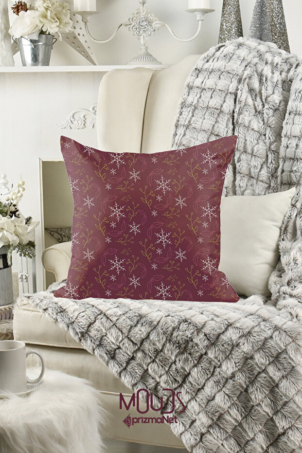Double Sided Printed Burgundy Snowflakes Christmas Patterned Throw Pillow Cover Suede New Year - Pl1136
