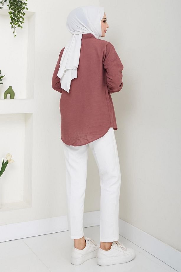 Tek Cepli Uzun Kol Oversize Keten Gömlek Gül Kurusu HM2651 - 5