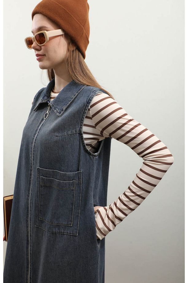 Fermuarlı Denim Jile Koyu Mavi - 8