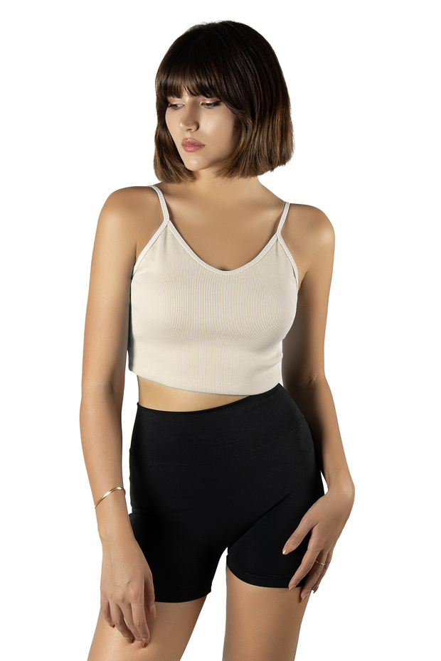 Cream Thread Strap Fitted Crop Top Blouse - 2
