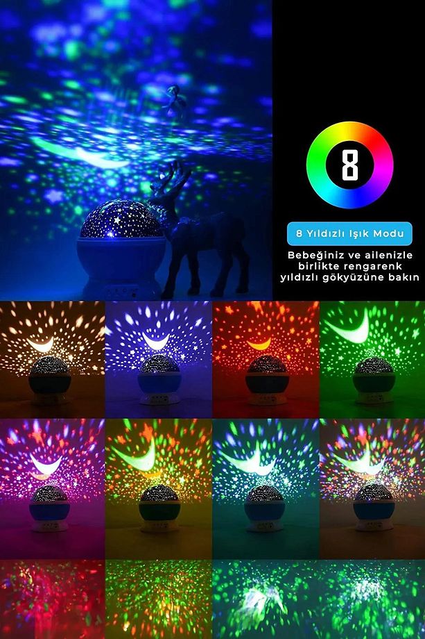 Pilli Gece Lambası 8 Farklı Mod Elektrikli Ambians Işık Duvara Yansıtma Projeksiyon Uyku Dostu Led - 5
