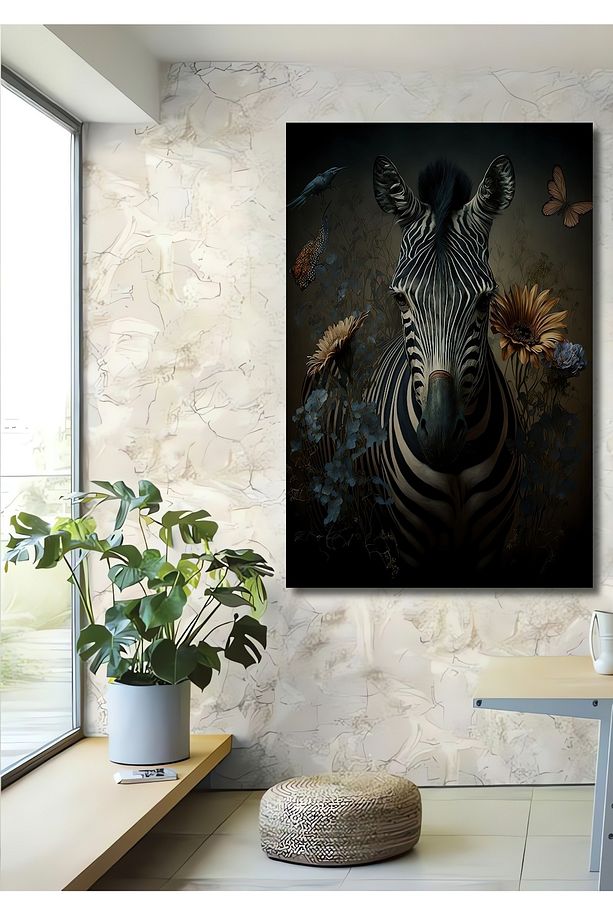 Zebra ve Çiçeklerin Büyüsü Dekoratif Ahşap MDF Tablo Dikdörtgen Tablo - 1
