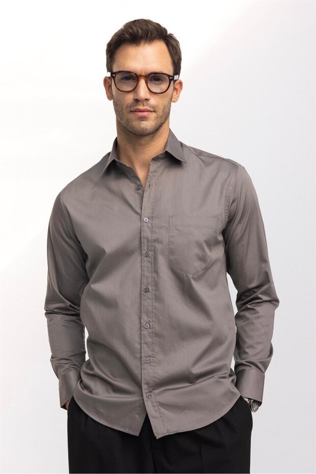 Men's Regular Fit Classic Cut Cotton Satin, Gray Shirt