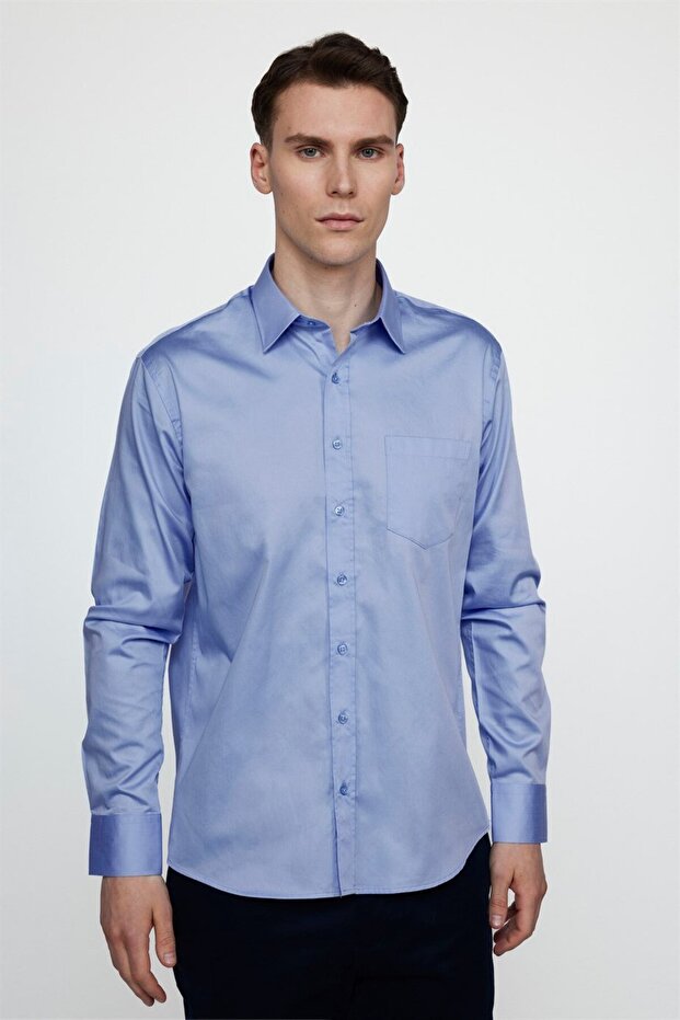 Classic Fit Long Sleeve Cotton Satin Men's Blue Shirt