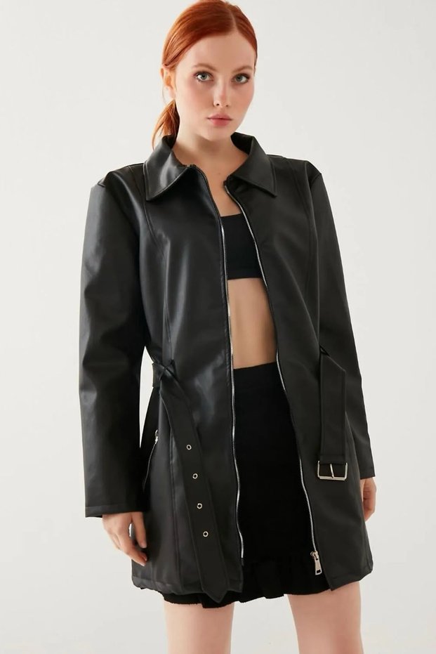Long Boyfriend Leather Jacket with Belt