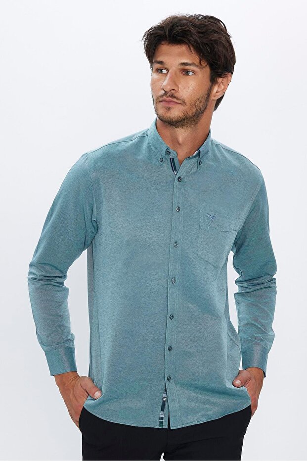 Men's Regular Fit Classic Cut Cotton Oxford Texture Single Pocket Green Button Lapel Shirt