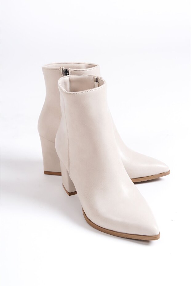 Collie Bej Mat Deri Fermuarlı Topuklu Kadın Bot - 3
