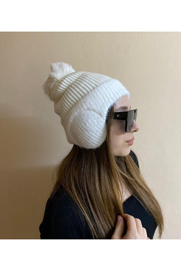Winter Ecru Color Beanie with Pompom and Earmuffs - New Year's Gift